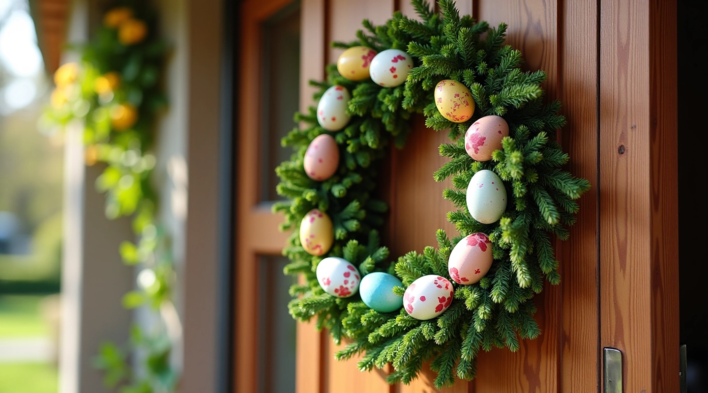 Beautiful Easter wreath with hand-painted eggs and spring flowers displayed on wooden door