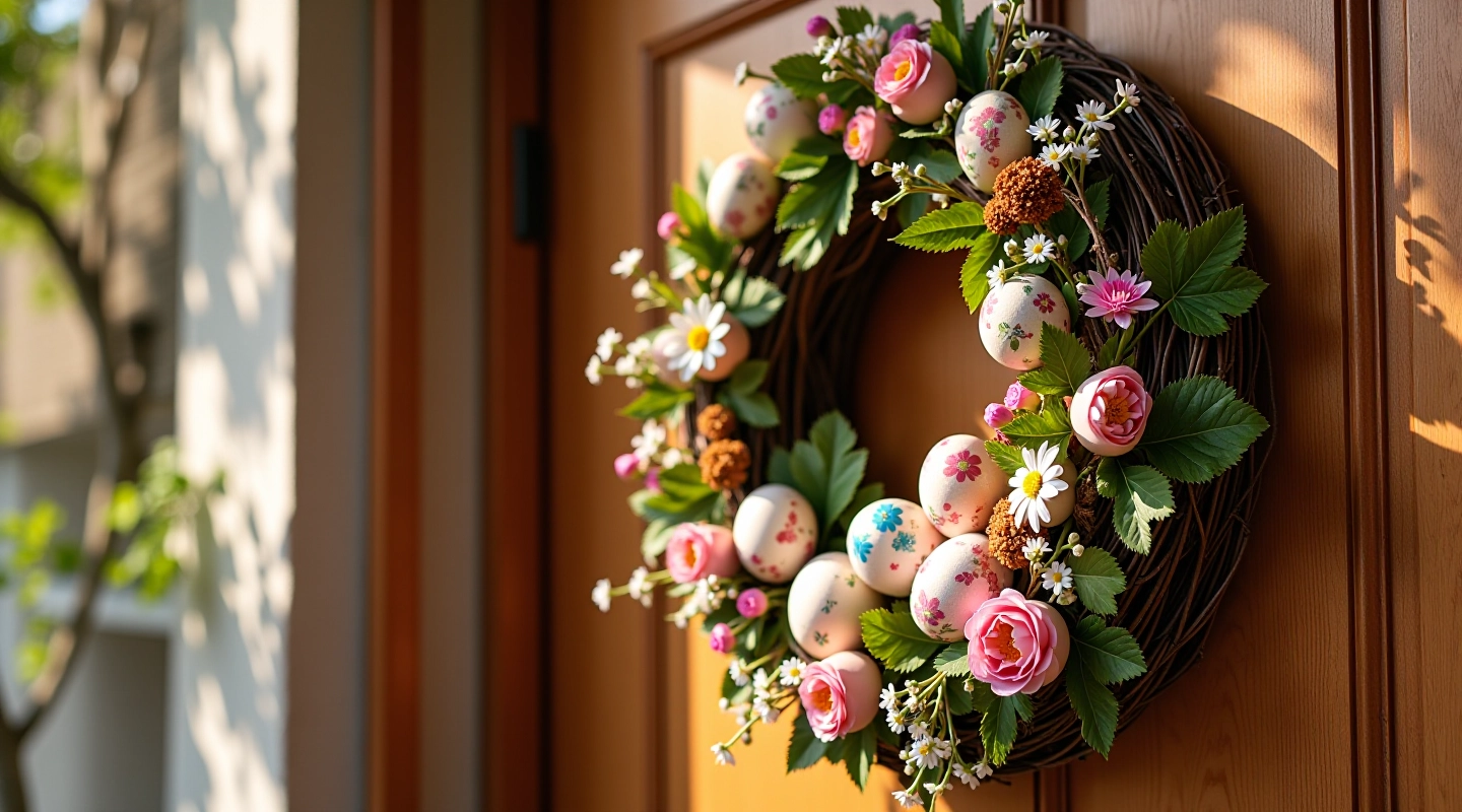 Traditional Easter wreath with hand-painted eggs and spring florals