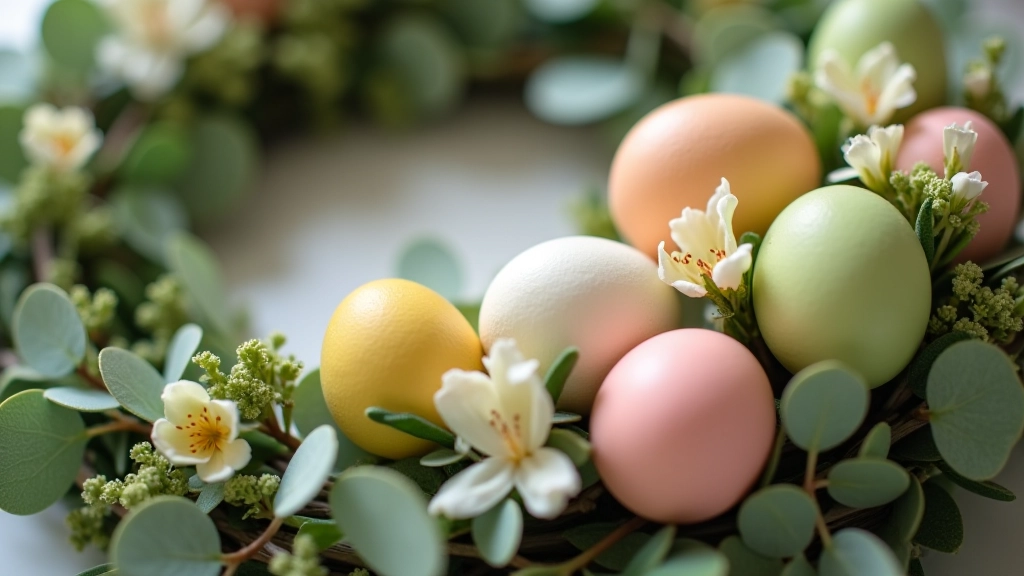 Close-up detail shot of wreath showing painted egg arrangement with fresh spring flowers, green eucalyptus foliage, and decorative ribbon accent in soft natural tones