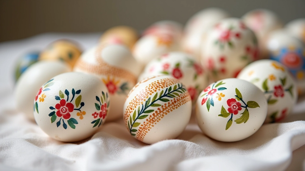 Finished Easter eggs displaying various traditional painting techniques including fine line work, color blocking, stippling patterns, and layered details with vibrant colors