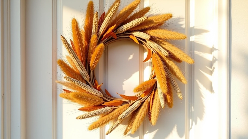 Finished harvest wreath with autumn colors hanging on white painted door frame with warm afternoon sunlight creating shadows