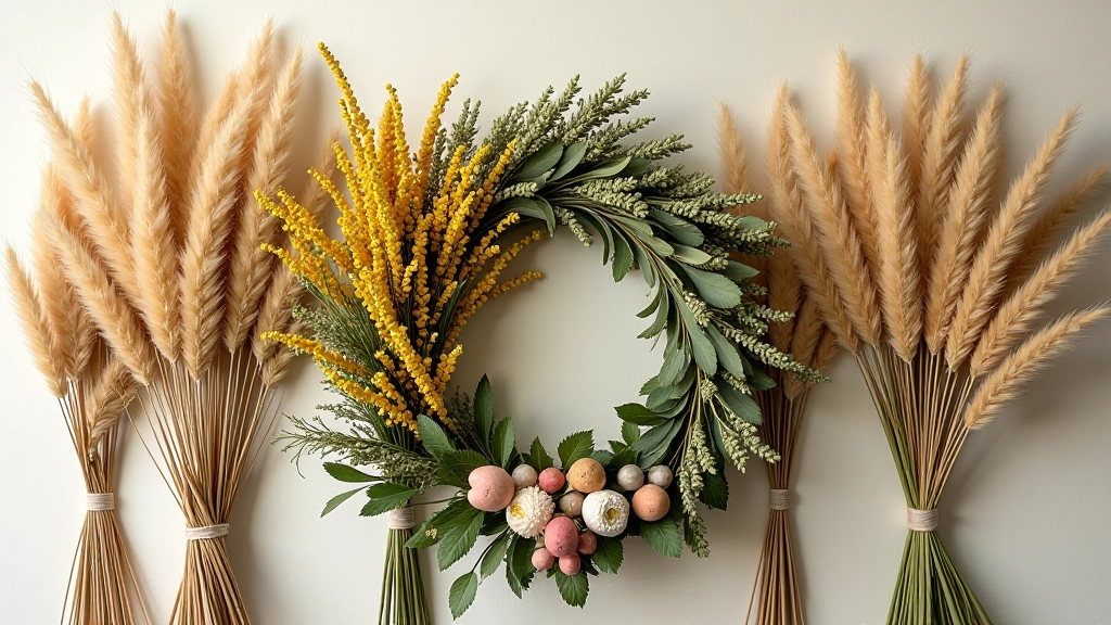 Assorted dried flowers, greenery bundles, and botanical materials arranged by type showing various colors and textures