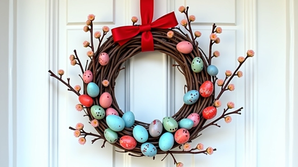 Completed Easter wreath displayed on a white door frame with colorful painted eggs, spring greenery, and decorative ribbons
