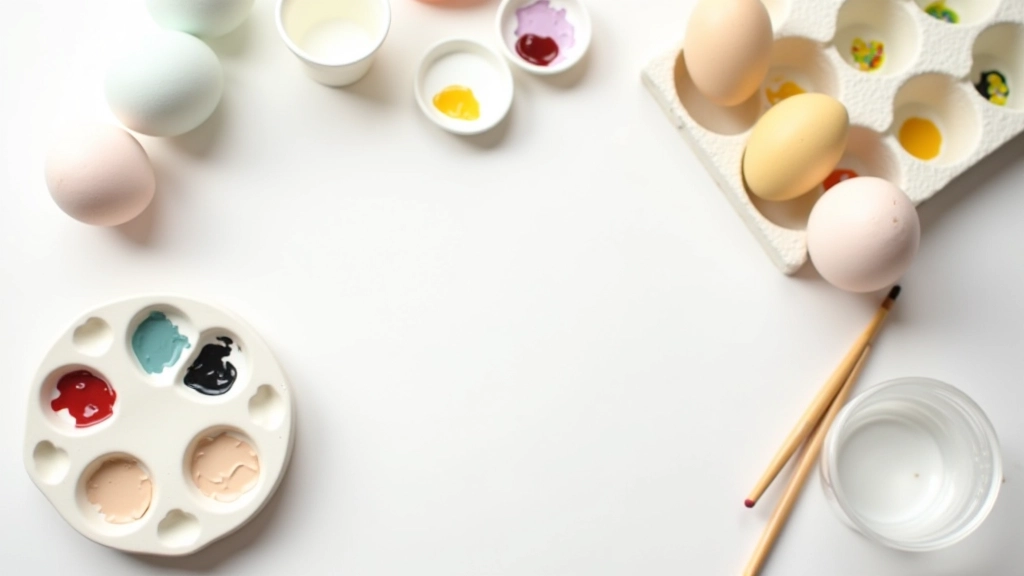 Organized workspace with fine brushes, acrylic paints in various colors, ceramic palette, water cup, and egg holder arranged on white table
