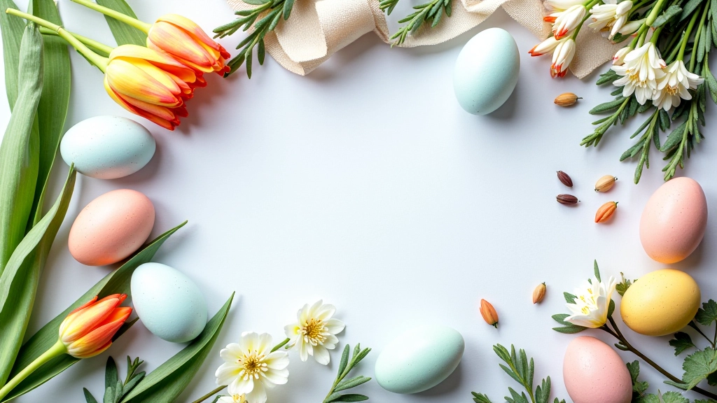 Arranged collection of wreath-making materials including painted Easter eggs, spring flowers, greenery, decorative eggs, ribbons, and floral picks on neutral background