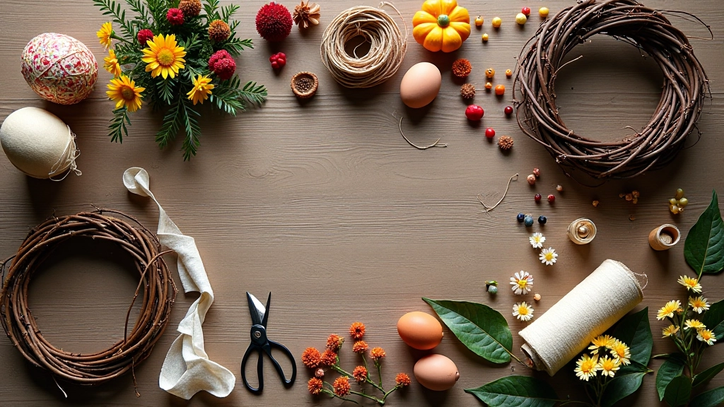 Collection of natural wreath-making materials including branches, dried flowers, berries, ribbons, and tools organized on a wooden table
