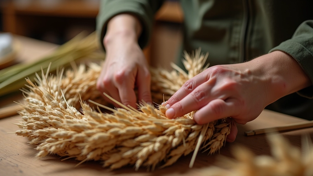Hands carefully arranging dried wheat bundles and golden grasses onto a wreath form using floral wire, bright studio lighting showing detail of assembly process