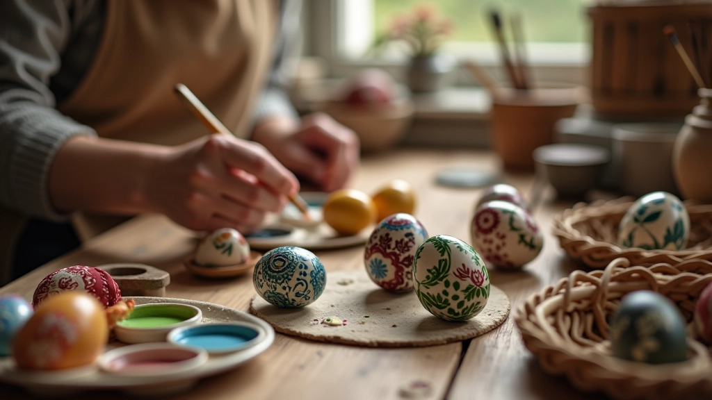 Hands carefully painting traditional Easter eggs with intricate patterns using fine brushes and vibrant colors