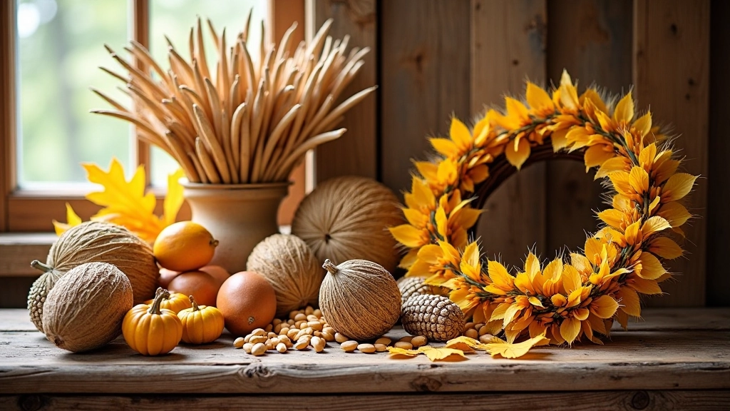 Harvested dried grasses, wheat stalks, and autumn leaves arranged on wooden table in bright natural light
