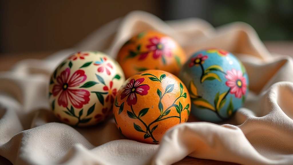Finished hand-painted Easter eggs with glossy protective varnish coating, displayed in an elegant arrangement on white fabric with soft lighting showing the colors and details clearly
