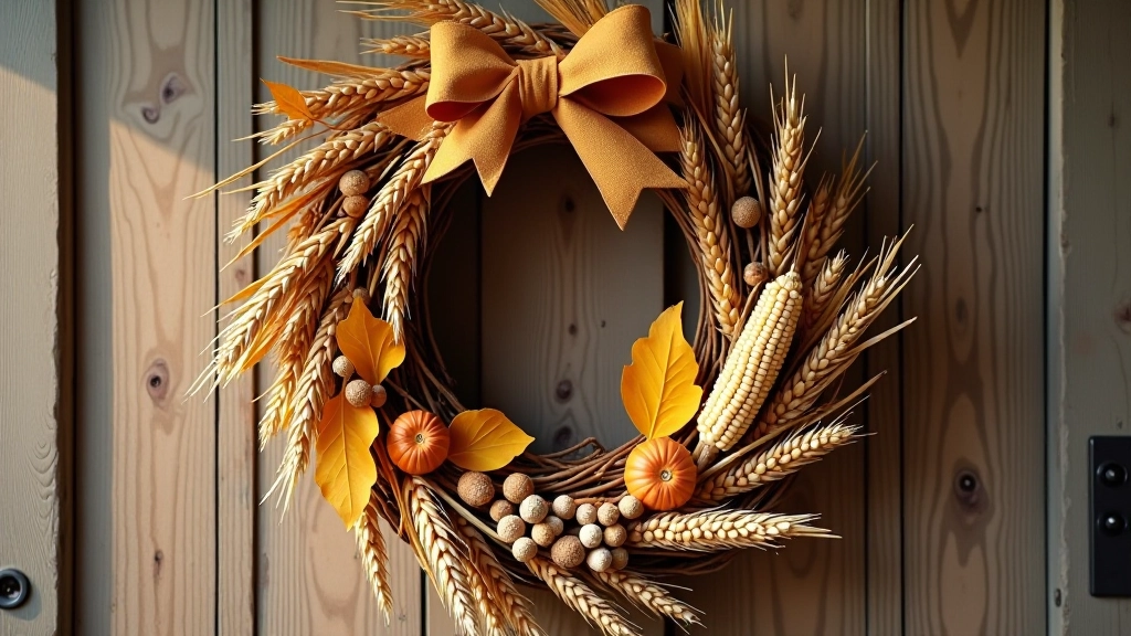 Autumn harvest wreath made with dried wheat, corn husks, golden leaves, and seasonal ornaments displayed outdoors