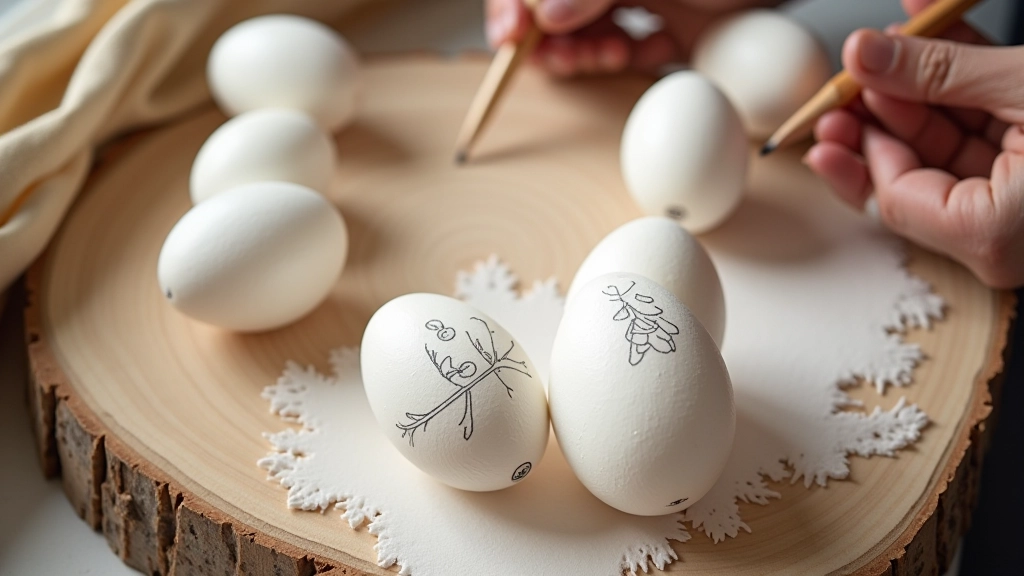 Prepared Easter eggs with clean surfaces, some with pencil sketches of traditional patterns lightly drawn in, ready for painting
