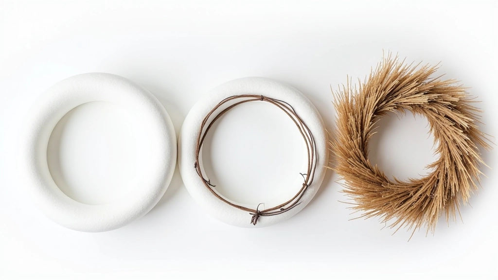 Three different wreath bases displayed side by side: foam wreath in white, metal wire frame, and natural straw wreath base