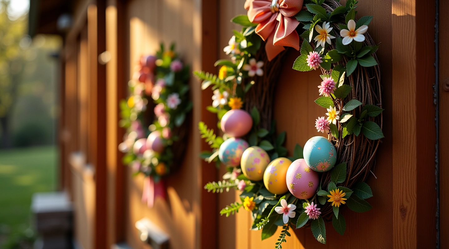 Beautifully decorated Easter egg wreath hanging on a wooden door with spring flowers and traditional ornaments