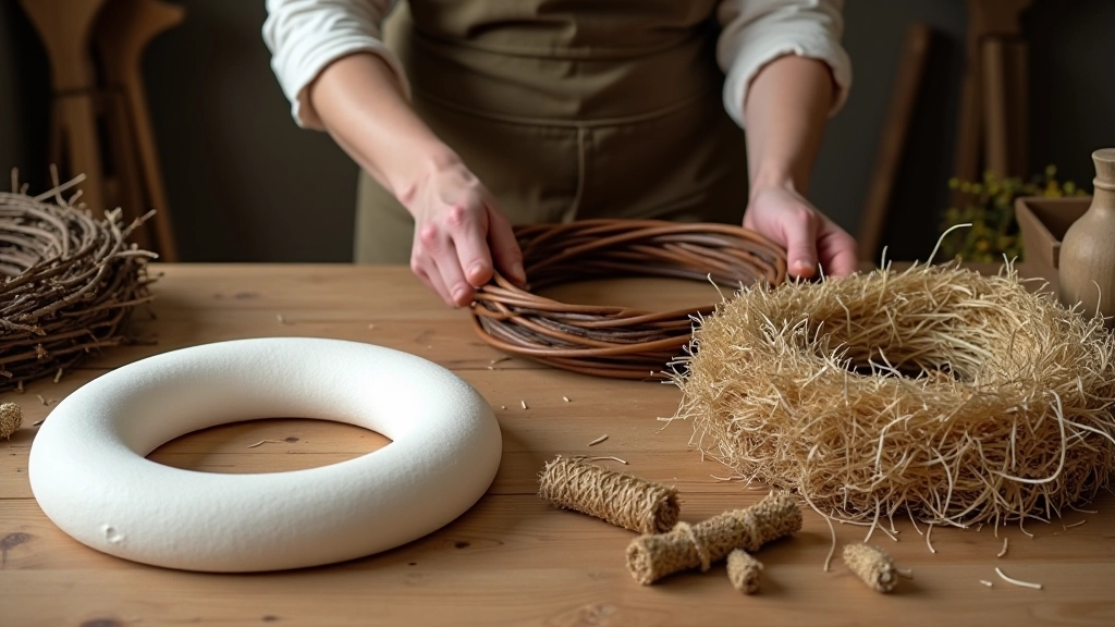 Close-up of various wreath bases including foam, straw, and twig options showing texture and construction