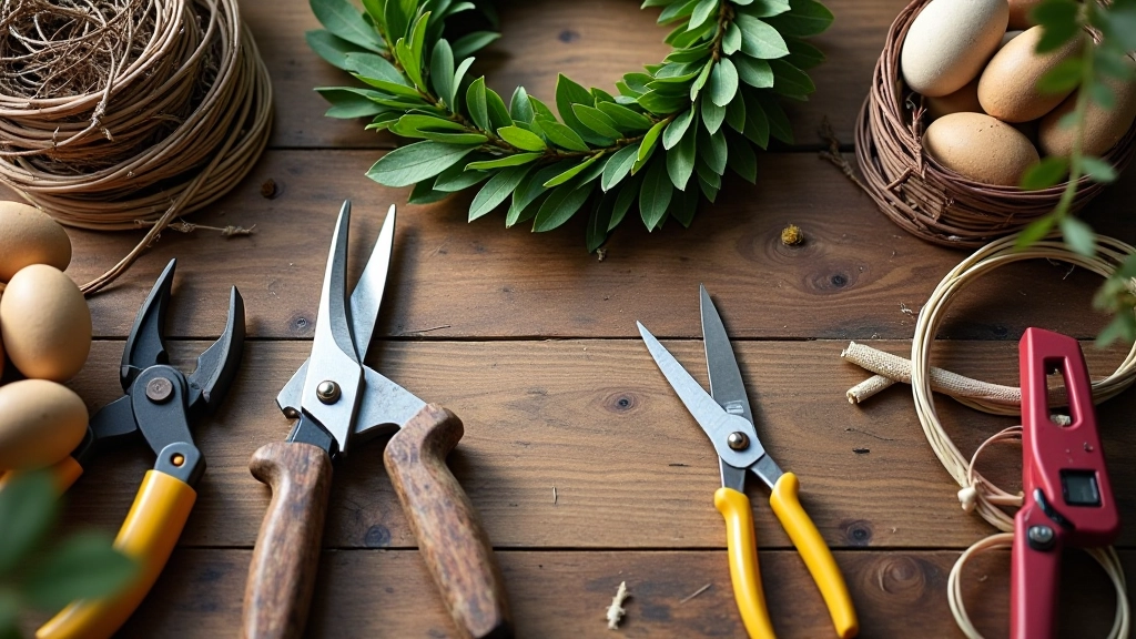 Flat lay of essential wreath-making tools including scissors, wire cutters, glue gun, and floral knives on work surface
